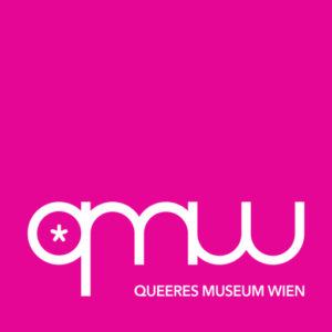 German Logo of the Queer Museum Vienna consists of rounded versions of the letters q, m, and w with an asterix in the center of the q. They are white on a monochrome pink background.